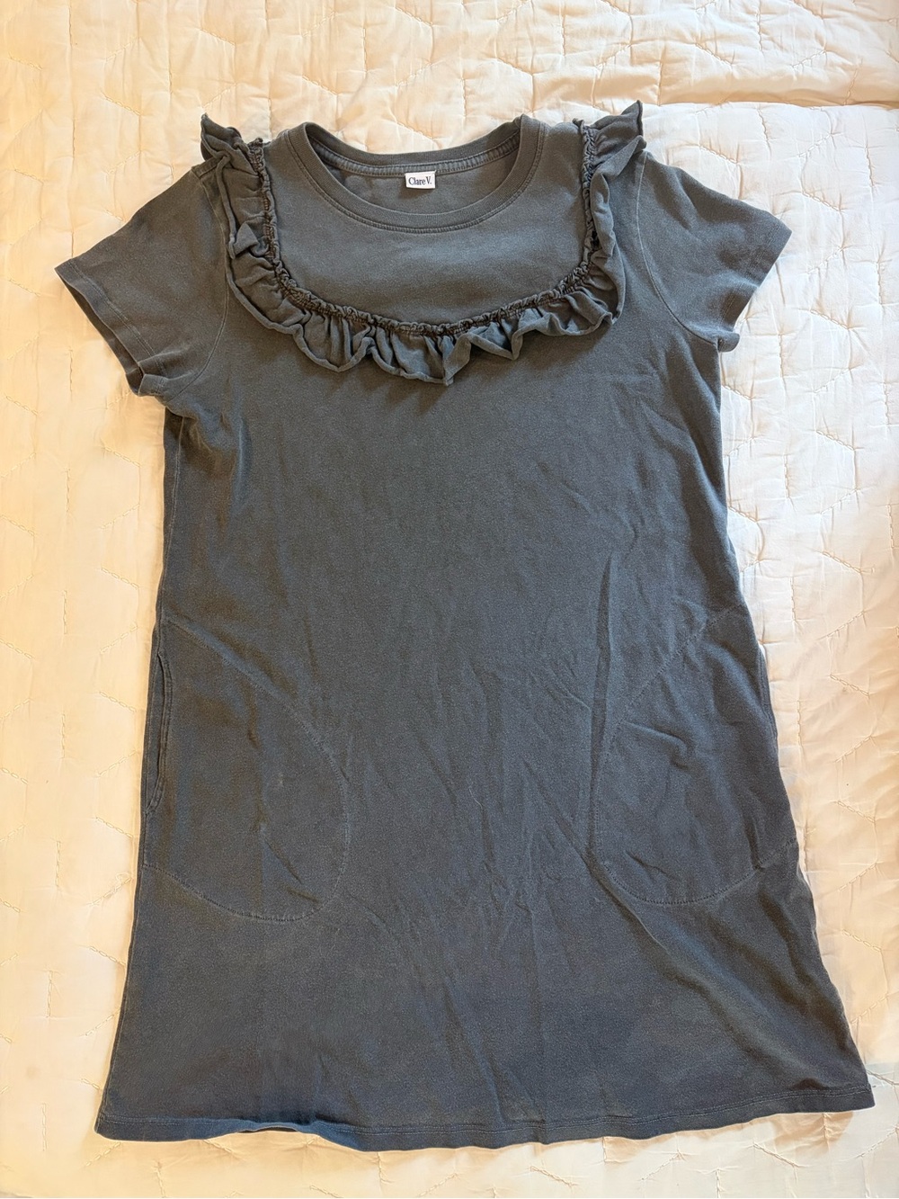 Clare V ‘Charlotte’ Charcoal Gray Ruffle T-Shirt Dress